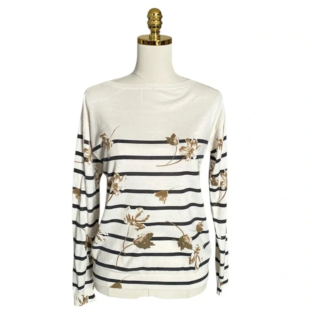 LAUREN RALPH LAUREN |Women’s Ivory Floral Print Knit Long Sleeve Sweater Size PM